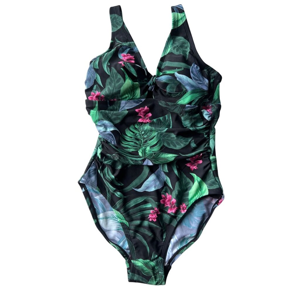 Kona Sol Tropical Print One-Piece Swimsuit Padded Cups Black & Green Womens Sz S